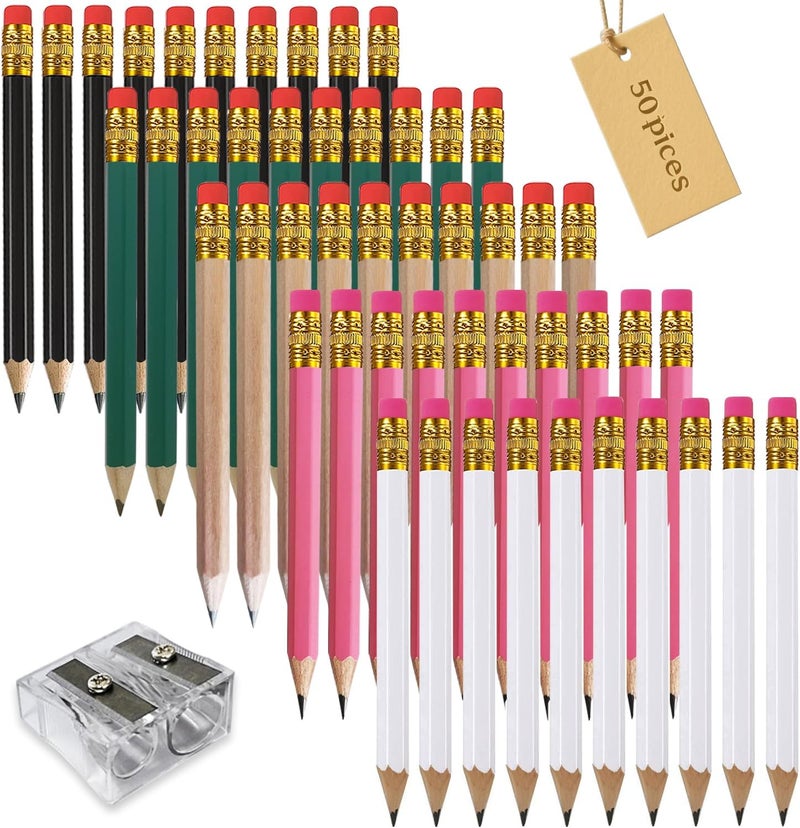 Adhere 25pcs Golf Pencils with eraser Hexagon Wooden Pencils Graphite 2B for Golf Event Scoring,Classroom,Wedding,Company Meetings,Pew, Pocket (Black・White・Green・Pink・Nature・50pcs) - Image 1